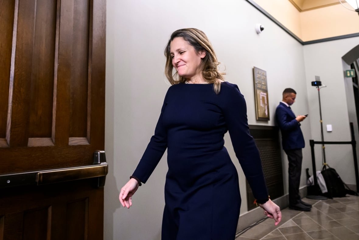 Liberal MP Chrystia Freeland, former minister of finance and deputy prime minister, leaves after attending a meeting of the Liberal Caucus, in West Block on Parliament Hill, in Ottawa, Wednesday, Jan. 8, 2025.